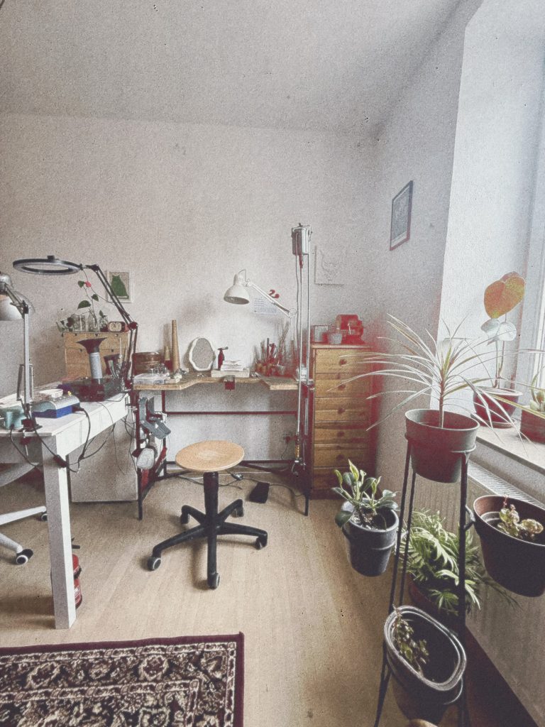 Jewellery workbench with tools and materials in the studio